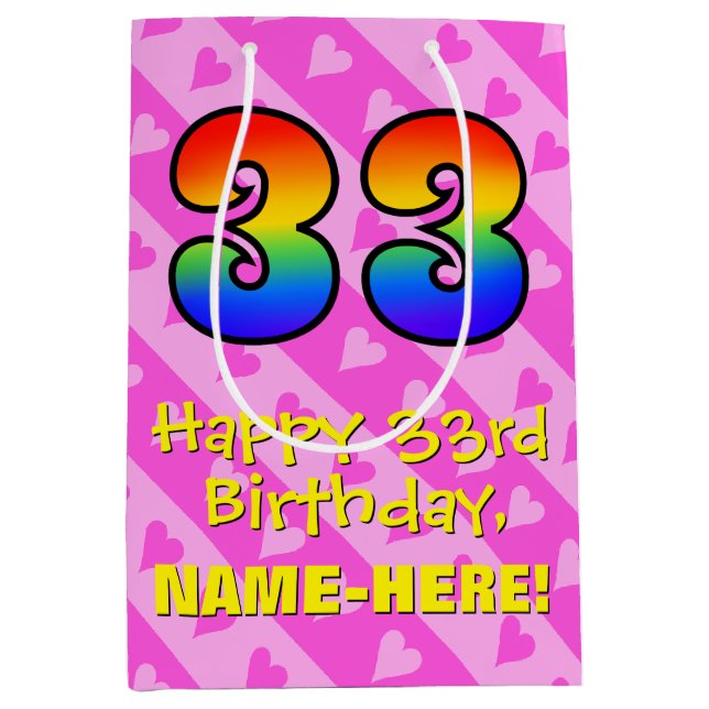 Sac Cadeau Moyen 33e anniversaire : Amusants Coeurs roses Stripes;  (Devant)