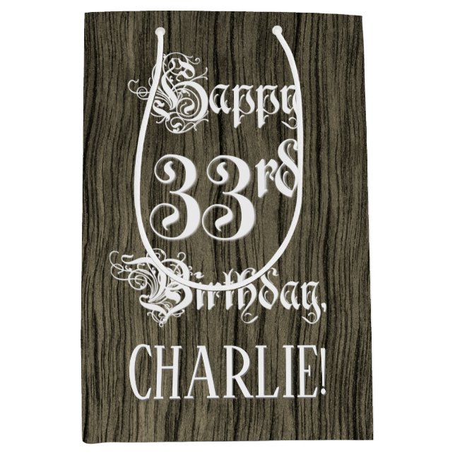 Sac Cadeau Moyen 33e anniversaire : fantaisie, Faux Wood Look + Nom (Devant)