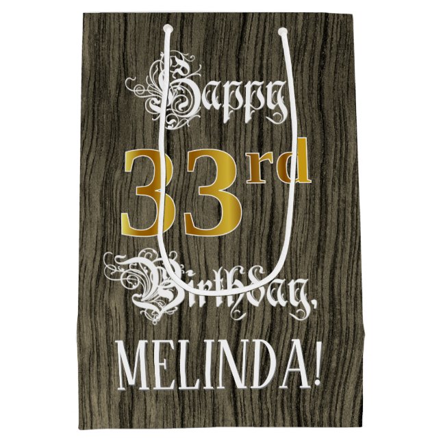 Sac Cadeau Moyen 33e anniversaire : Faux Gold Look & Faux Wood Moti (Dos)