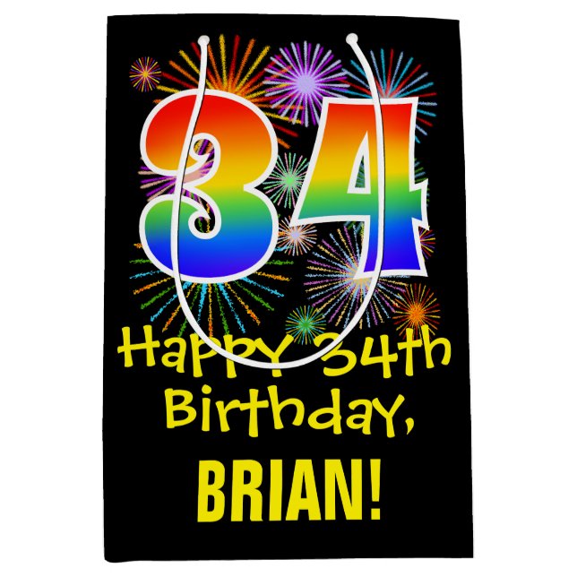 Sac Cadeau Moyen 34ème anniversaire : Fun Fireworks Motif + Rainbow (Devant)