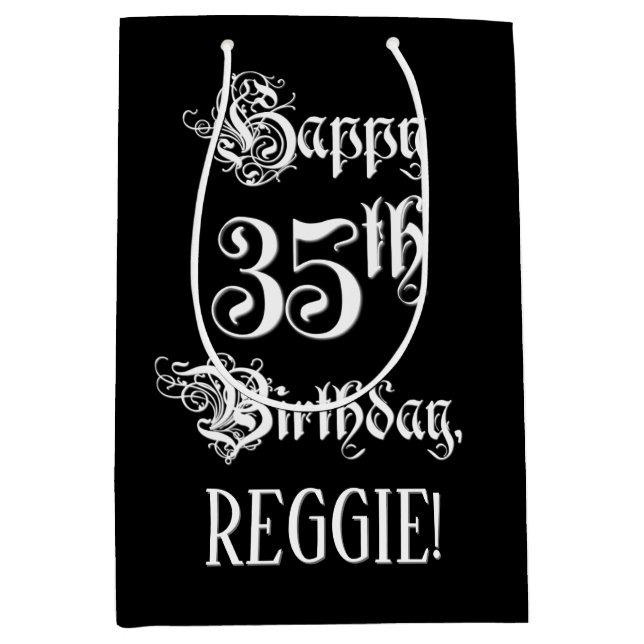 Sac Cadeau Moyen 35e anniversaire : fantaisie, élégant script + Nom (Devant)