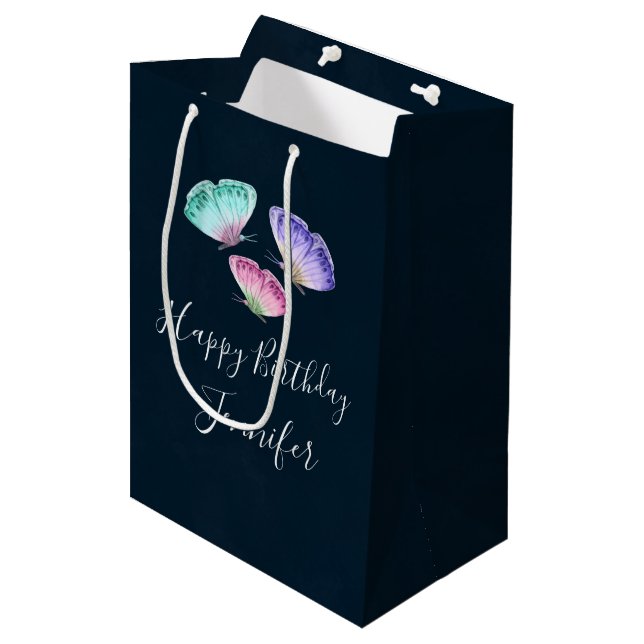 Sac Cadeau Moyen 3 Joli Pastel Aquarelle Papillons Anniversaire (Devant Angle)