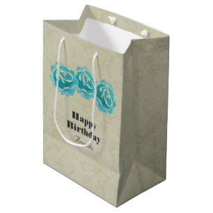 Sac Cadeau Moyen 3 Roses Turquoises d'aquarelle sur Tan Damask anni