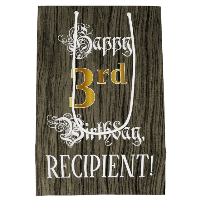 Sac Cadeau Moyen 3e anniversaire : Faux Gold Look & Faux Wood Motif (Dos)