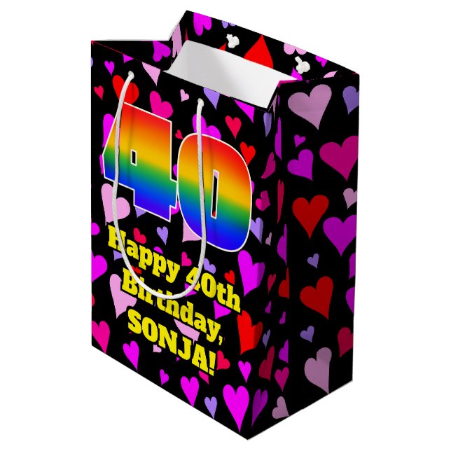 Sac Cadeau Moyen 40e anniversaire : Amour Hearts Motif, Arc en ciel (Dos Angle)
