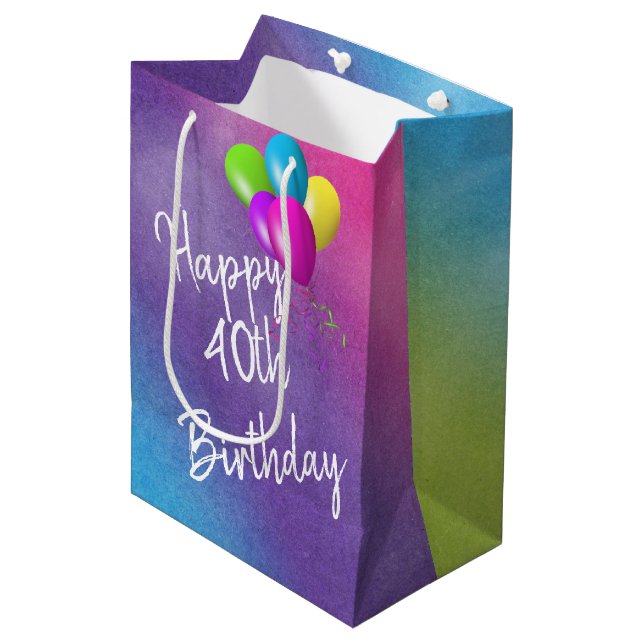 Sac Cadeau Moyen 40e Anniversaire Ballons Sur Arc-en-ciel Sac-Cadea (Devant Angle)