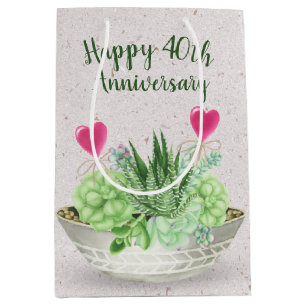 Sac Cadeau Moyen 40e Anniversaire Coeurs roses dans les succulents