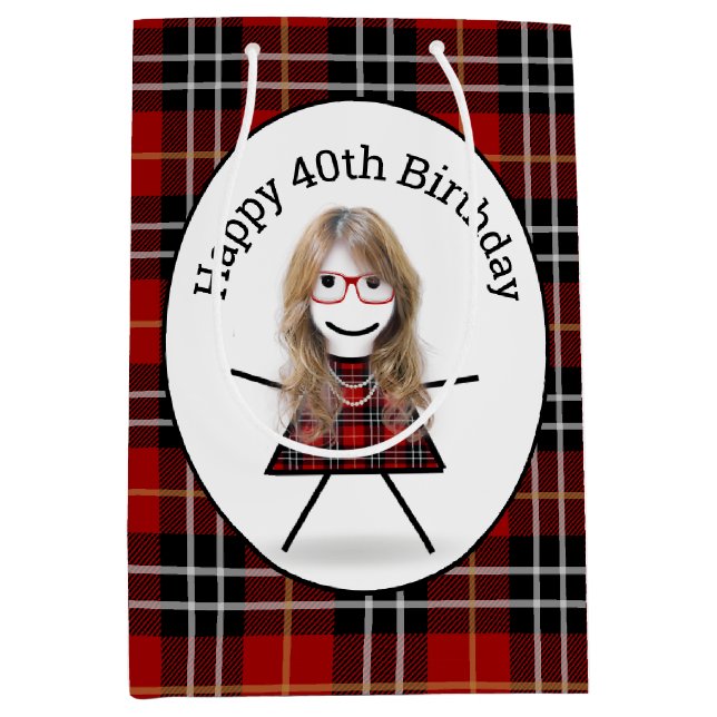 Sac Cadeau Moyen 40e Anniversaire Stick Girl sur Tartan Plaid (Devant)
