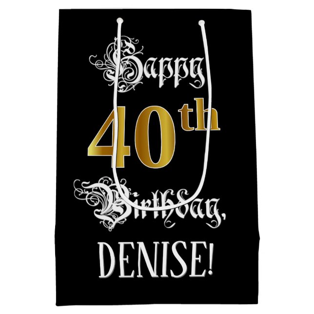 Sac Cadeau Moyen 40th Birthday - Fancy Script ; Faux Gold Look ; no (Dos)