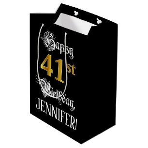 Sac Cadeau Moyen 41st Birthday - Fancy Script ; Faux Gold Look ; no