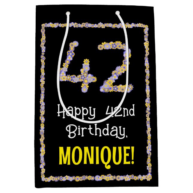 Sac Cadeau Moyen 42e anniversaire : Floral Flowers Numéro, Nom pers (Devant)
