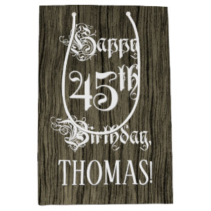 Sac Cadeau Moyen 45e anniversaire : fantaisie, Faux Wood Look + Nom