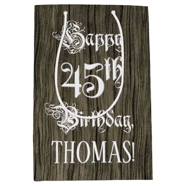 Sac Cadeau Moyen 45e anniversaire : fantaisie, Faux Wood Look + Nom (Devant)