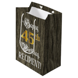 Sac Cadeau Moyen 45e anniversaire : Faux Gold Look & Faux Wood Moti