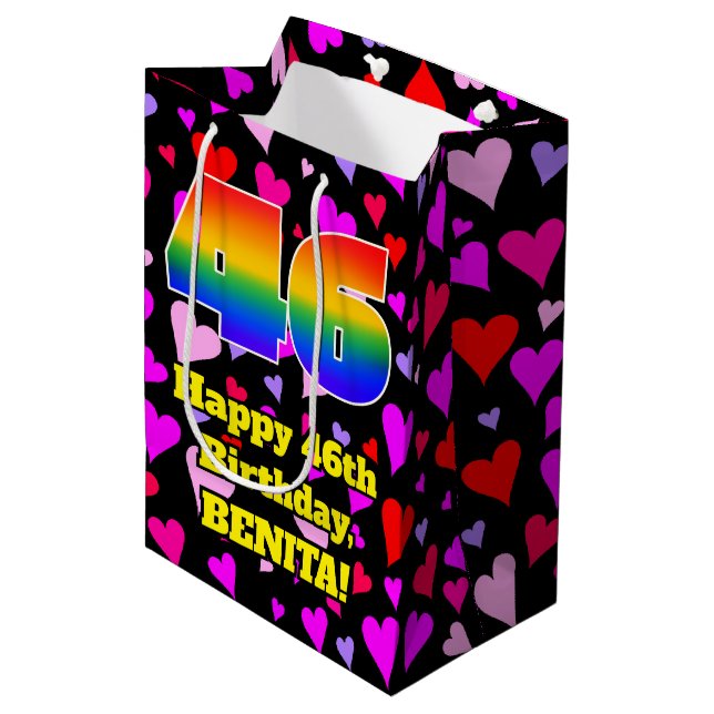 Sac Cadeau Moyen 46e anniversaire : Amour Hearts Motif, Arc en ciel (Devant Angle)