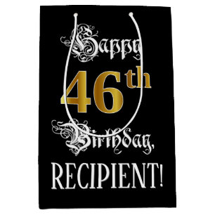 Sac Cadeau Moyen 46th Birthday ~ Fancy Script; Faux Gold Look; Name