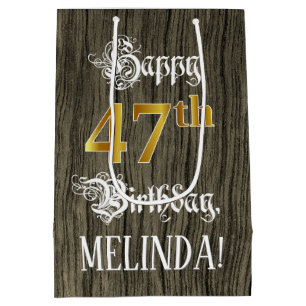 Sac Cadeau Moyen 47e anniversaire : Faux Gold Look & Faux Wood Moti