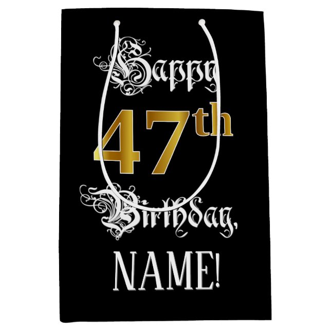 Sac Cadeau Moyen 47e anniversaire ~ Script fantaisie; Faux Gold Loo (Devant)