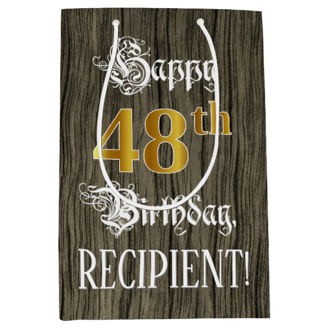 Sac Cadeau Moyen 48e anniversaire : Faux Gold Look & Faux Wood Moti (Devant)