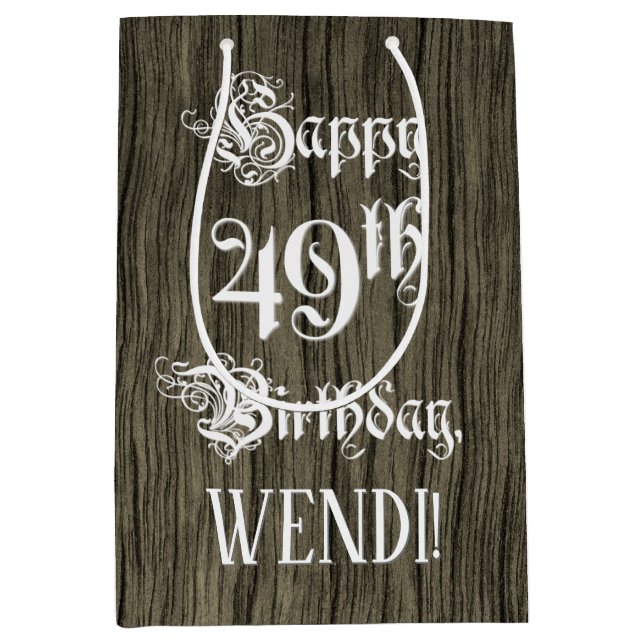 Sac Cadeau Moyen 49e anniversaire : fantaisie, Faux Wood Look + Nom (Devant)