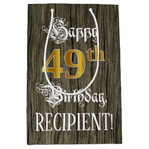 Sac Cadeau Moyen 49e anniversaire : Faux Gold Look & Faux Wood Moti