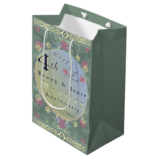 Sac Cadeau Moyen 4e année Mariage Anniversaire Vert&Bleu Fleur (Devant Angle)