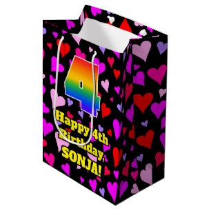 Sac Cadeau Moyen 4e anniversaire : Amour Hearts Motif, Arc-en-ciel