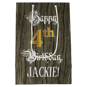 Sac Cadeau Moyen 4e anniversaire : Faux Gold Look & Faux Wood Motif