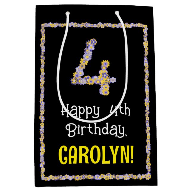 Sac Cadeau Moyen 4e anniversaire : Floral Flowers Numéro, Nom perso (Devant)