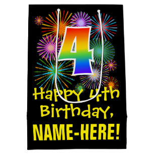 Sac Cadeau Moyen 4ème anniversaire : Fun Motif Fireworks + Rainbow