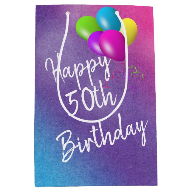 Sac Cadeau Moyen 50e Anniversaire Ballons Sur Arc En Ciel (Devant)