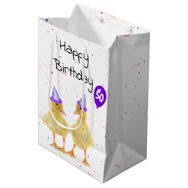 Sac Cadeau Moyen 50e anniversaire de la fête Canards avec ballons (Devant Angle)