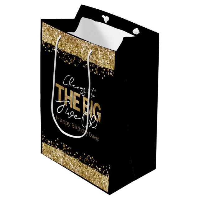 Sac Cadeau Moyen 50e anniversaire Gold et Black Big Five-Oh (Devant Angle)