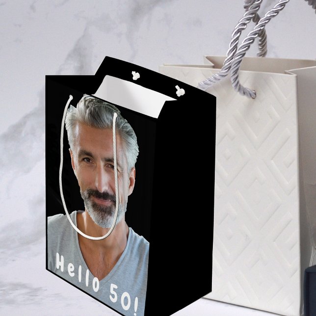 Sac Cadeau Moyen 50e anniversaire personnalisé photo bonjour homme  (Créateur téléchargé)