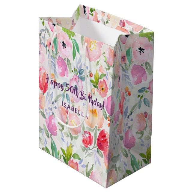 Sac Cadeau Moyen 50e anniversaire rose pourpre fleurons nom (Dos Angle)
