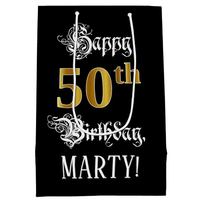 Sac Cadeau Moyen 50e anniversaire ~ Script fantaisie; Faux Gold Loo (Dos)