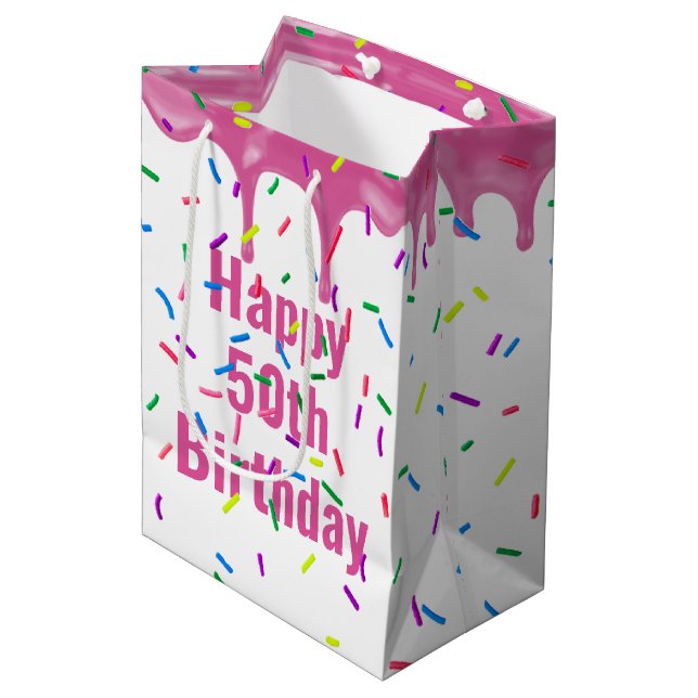 Sac Cadeau Moyen 50e anniversaire Sprinkles sur glace rose (Devant Angle)