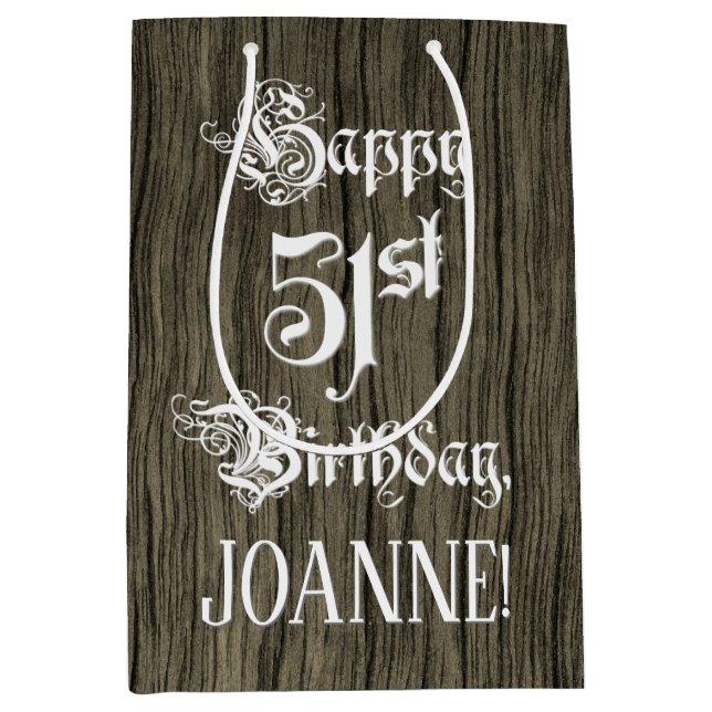 Sac Cadeau Moyen 51e anniversaire : Fancy, Faux Wood Look + Custom  (Devant)
