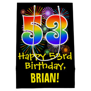 Sac Cadeau Moyen 53e anniversaire : Fun Fireworks Motif + Rainbow 5