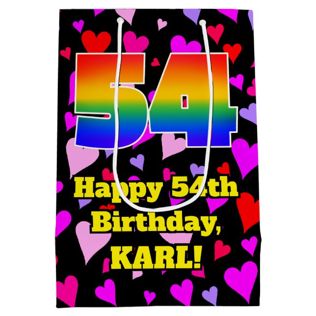 Sac Cadeau Moyen 54e anniversaire : Amour Hearts Motif, Arc-en-ciel (Dos)