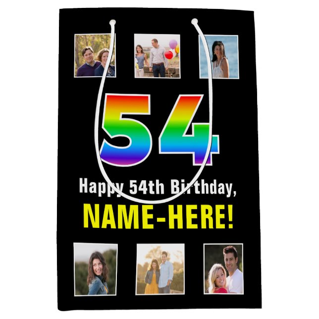 Sac Cadeau Moyen 54e anniversaire : Arc-en-ciel "54", photos person (Devant)