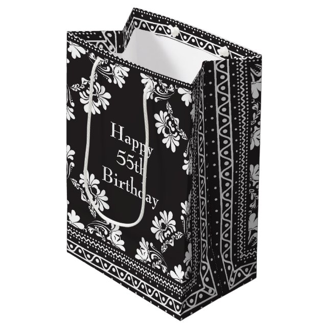 Sac Cadeau Moyen 55e anniversaire Bandanna noir et blanc (Devant Angle)