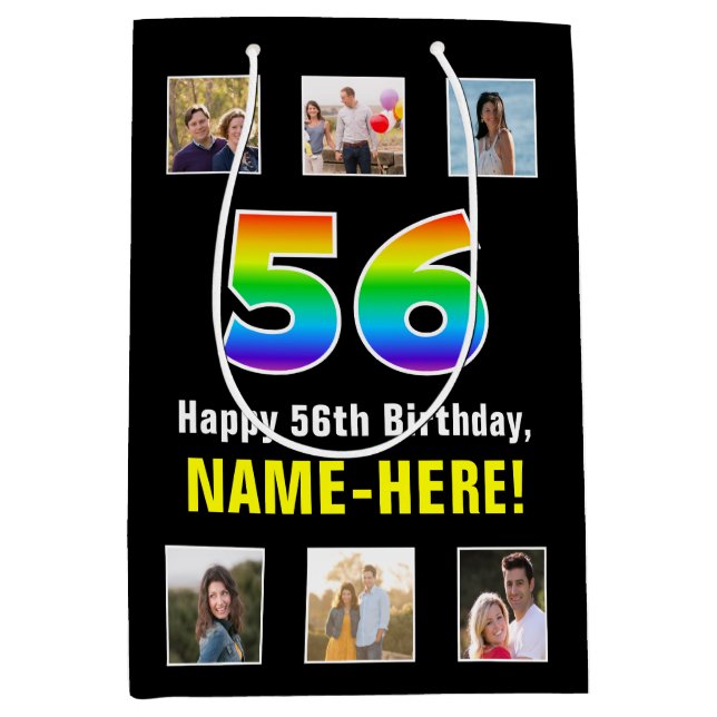 Sac Cadeau Moyen 56e anniversaire : Arc-en-ciel "56", photos person (Devant)