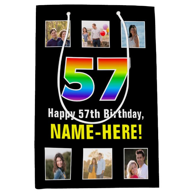 Sac Cadeau Moyen 57e anniversaire : Arc-en-ciel "57", photos person (Devant)