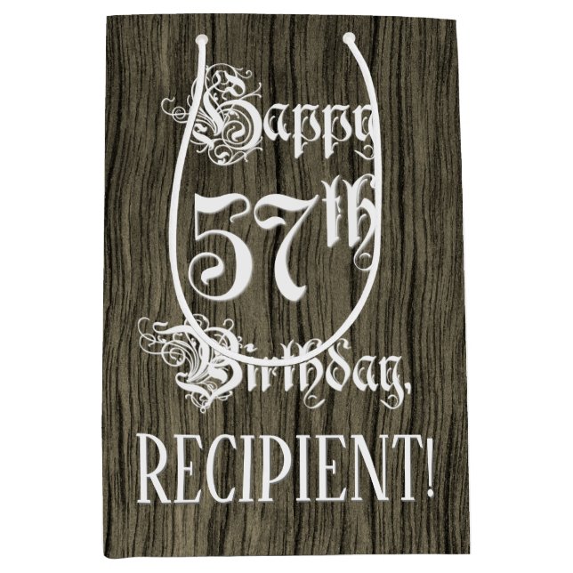 Sac Cadeau Moyen 57ème anniversaire : fantaisie, Faux Wood Look + N (Devant)