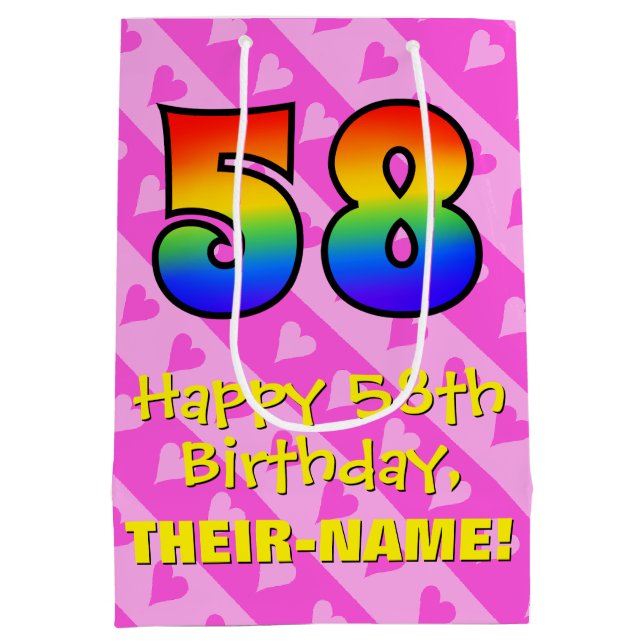 Sac Cadeau Moyen 58e anniversaire : Amusants Coeurs roses Stripes;  (Dos)