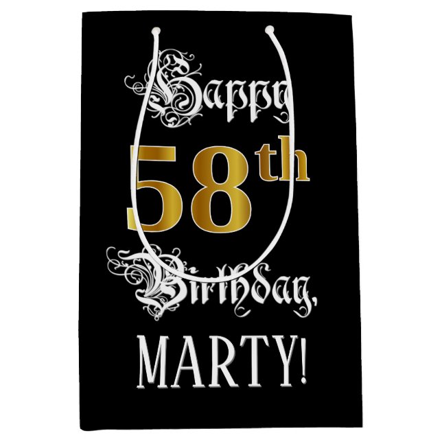 Sac Cadeau Moyen 58e anniversaire ~ Script fantaisie; Faux Gold Loo (Devant)
