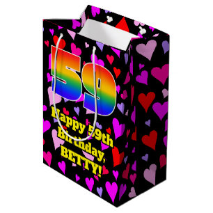Sac Cadeau Moyen 59e anniversaire : Amour Hearts Motif, Arc en ciel