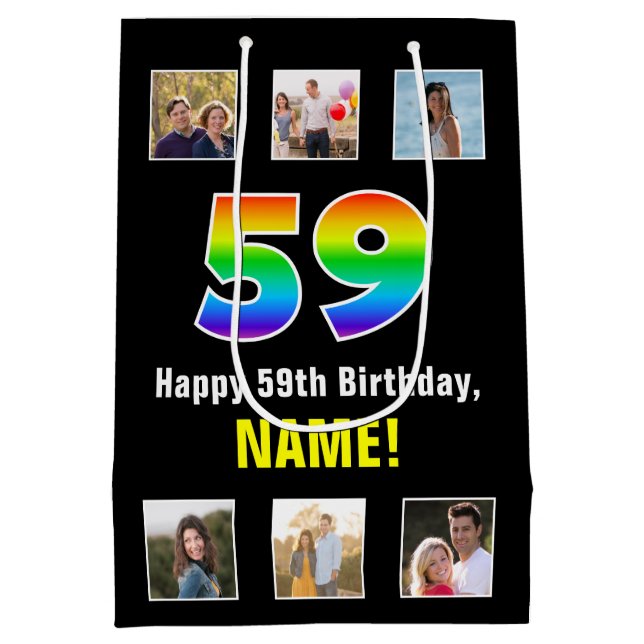 Sac Cadeau Moyen 59e anniversaire : Arc-en-ciel "59", photos person (Dos)