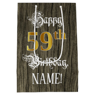 Sac Cadeau Moyen 59e anniversaire : Faux Gold Look & Faux Wood Moti